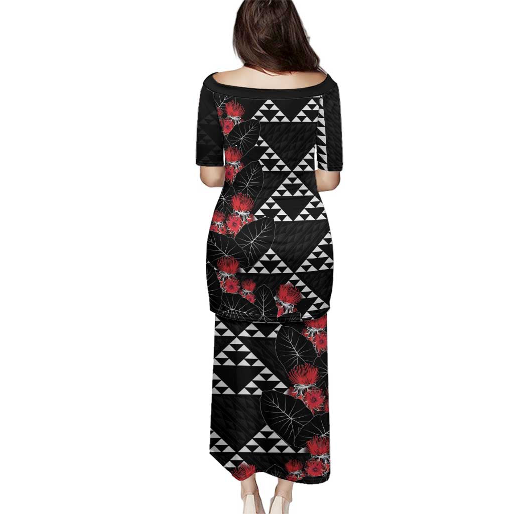 Hawaiian White Kakau Art Tattoo-Ohia Lehua and Taro Leaves Family Matching Puletasi and Hawaiian Shirt