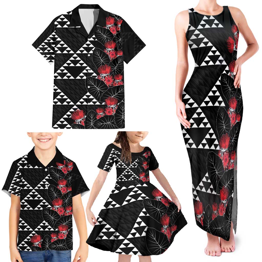 Hawaiian White Kakau Art Tattoo-Ohia Lehua and Taro Leaves Family Matching Tank Maxi Dress and Hawaiian Shirt