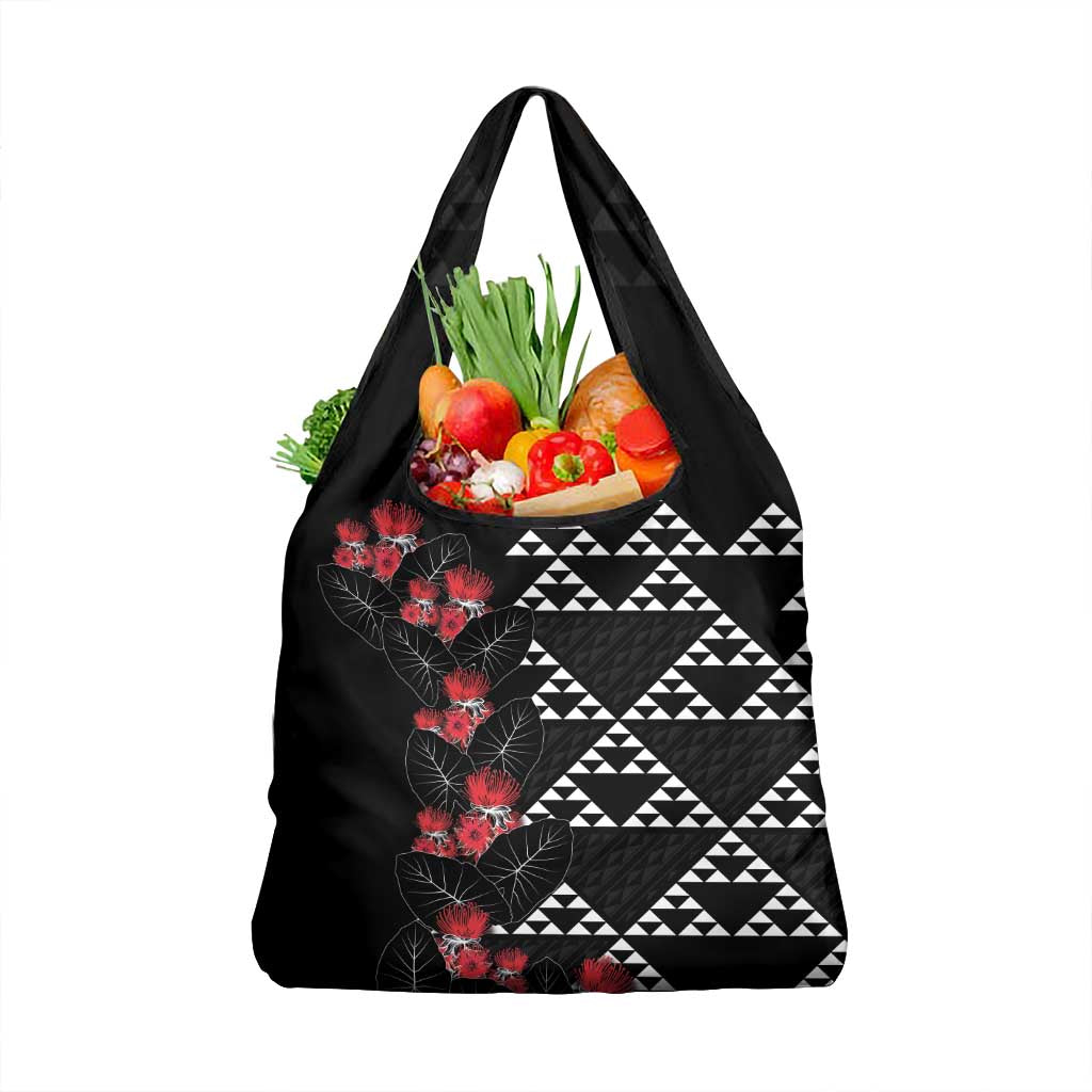 Hawaiian White Kakau Art Tattoo-Ohia Lehua and Taro Leaves Grocery Bag LT03 1-pack One Size Black-White - Polynesian Pride