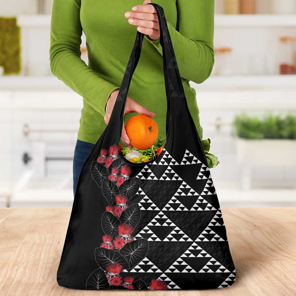 Hawaiian White Kakau Art Tattoo-Ohia Lehua and Taro Leaves Grocery Bag LT03 - Polynesian Pride