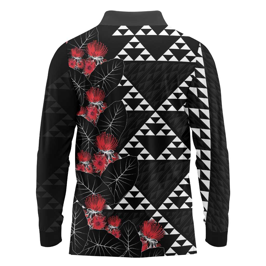 Hawaiian White Kakau Art Tattoo-Ohia Lehua and Taro Leaves Long Sleeve Polo Shirt