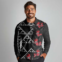 Hawaiian White Kakau Art Tattoo-Ohia Lehua and Taro Leaves Long Sleeve Polo Shirt