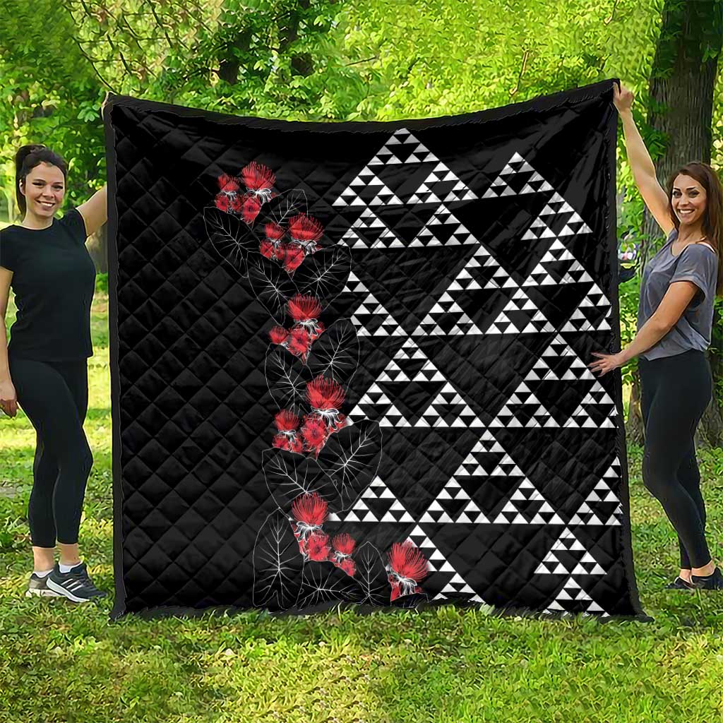 Hawaiian White Kakau Art Tattoo-Ohia Lehua and Taro Leaves Quilt