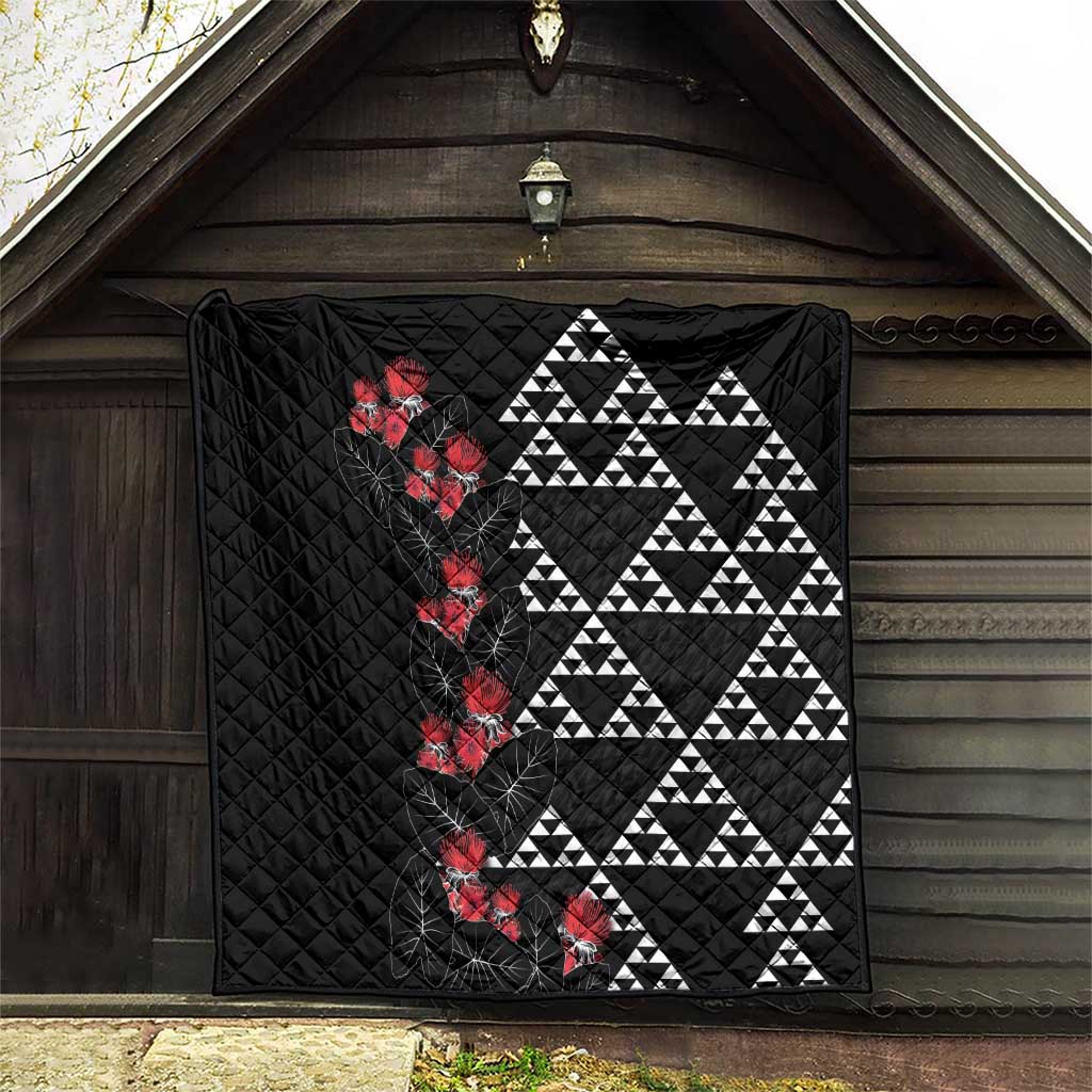 Hawaiian White Kakau Art Tattoo-Ohia Lehua and Taro Leaves Quilt