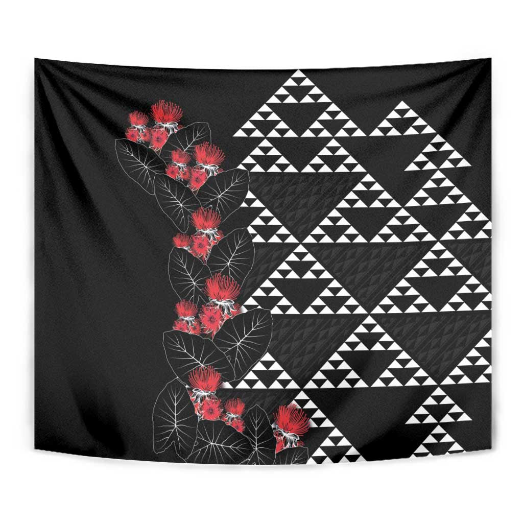 Hawaiian White Kakau Art Tattoo-Ohia Lehua and Taro Leaves Tapestry