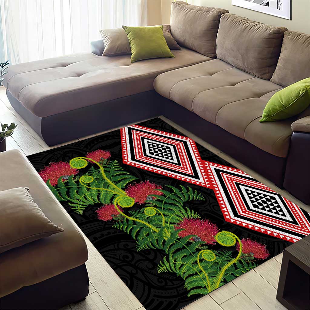 Aotearoa Tukutuku Motif Area Rug Pohutukawa and Fern Leaves