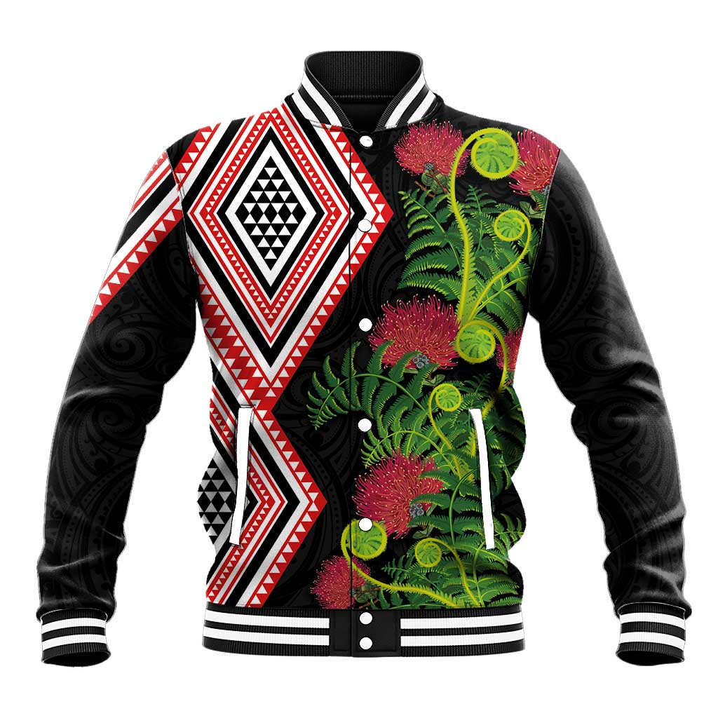 Aotearoa Tukutuku Motif Baseball Jacket Pohutukawa and Fern Leaves LT03 Unisex Black - Polynesian Pride