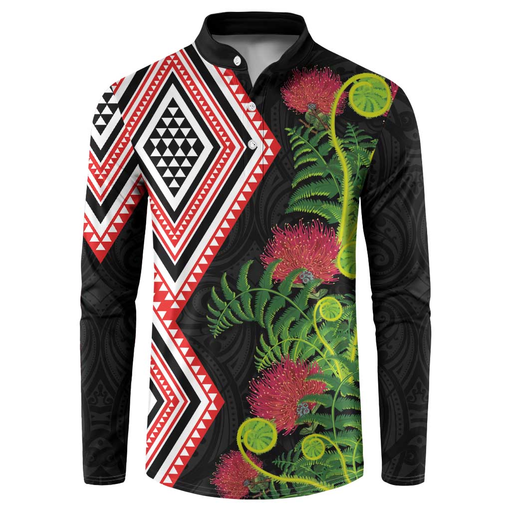 Aotearoa Tukutuku Motif Button Sweatshirt Pohutukawa and Fern Leaves LT03 Black - Polynesian Pride