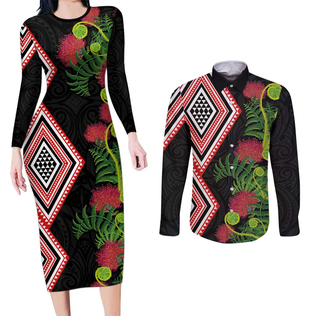 Aotearoa Tukutuku Motif Couples Matching Long Sleeve Bodycon Dress and Long Sleeve Button Shirt Pohutukawa and Fern Leaves LT03 Black - Polynesian Pride