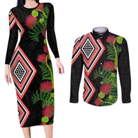 Aotearoa Tukutuku Motif Couples Matching Long Sleeve Bodycon Dress and Long Sleeve Button Shirt Pohutukawa and Fern Leaves LT03 Black - Polynesian Pride