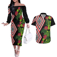 Aotearoa Tukutuku Motif Couples Matching Off The Shoulder Long Sleeve Dress and Hawaiian Shirt Pohutukawa and Fern Leaves