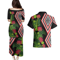 Aotearoa Tukutuku Motif Couples Matching Puletasi and Hawaiian Shirt Pohutukawa and Fern Leaves LT03 - Polynesian Pride