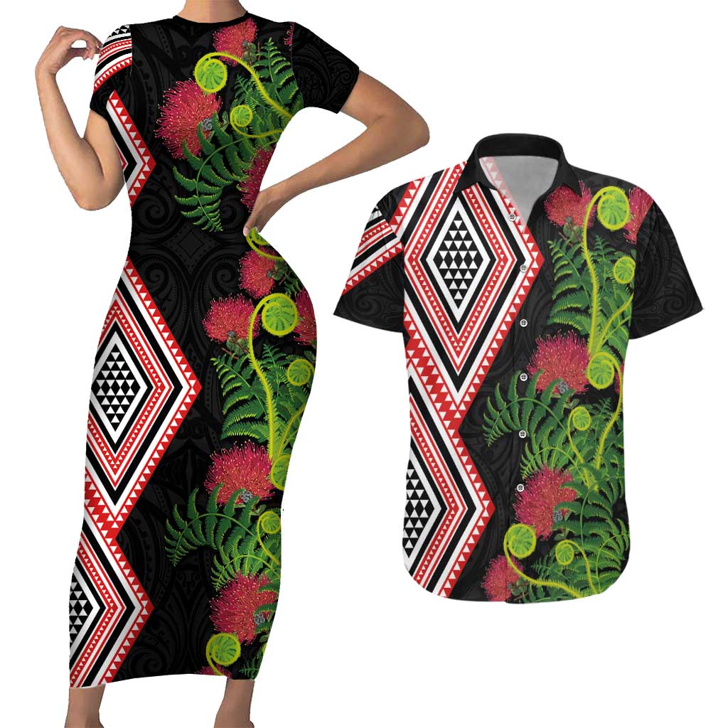 Aotearoa Tukutuku Motif Couples Matching Short Sleeve Bodycon Dress and Hawaiian Shirt Pohutukawa and Fern Leaves LT03 Black - Polynesian Pride