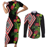 Aotearoa Tukutuku Motif Couples Matching Short Sleeve Bodycon Dress and Long Sleeve Button Shirt Pohutukawa and Fern Leaves LT03 Black - Polynesian Pride