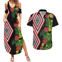 Aotearoa Tukutuku Motif Couples Matching Summer Maxi Dress and Hawaiian Shirt Pohutukawa and Fern Leaves LT03 Black - Polynesian Pride