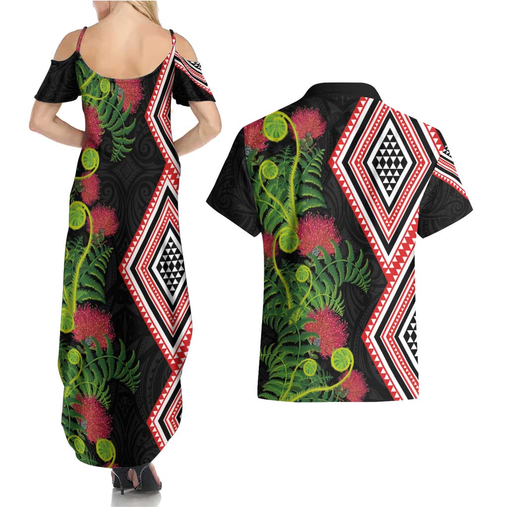 Aotearoa Tukutuku Motif Couples Matching Summer Maxi Dress and Hawaiian Shirt Pohutukawa and Fern Leaves LT03 - Polynesian Pride