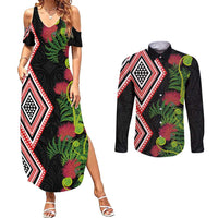 Aotearoa Tukutuku Motif Couples Matching Summer Maxi Dress and Long Sleeve Button Shirt Pohutukawa and Fern Leaves