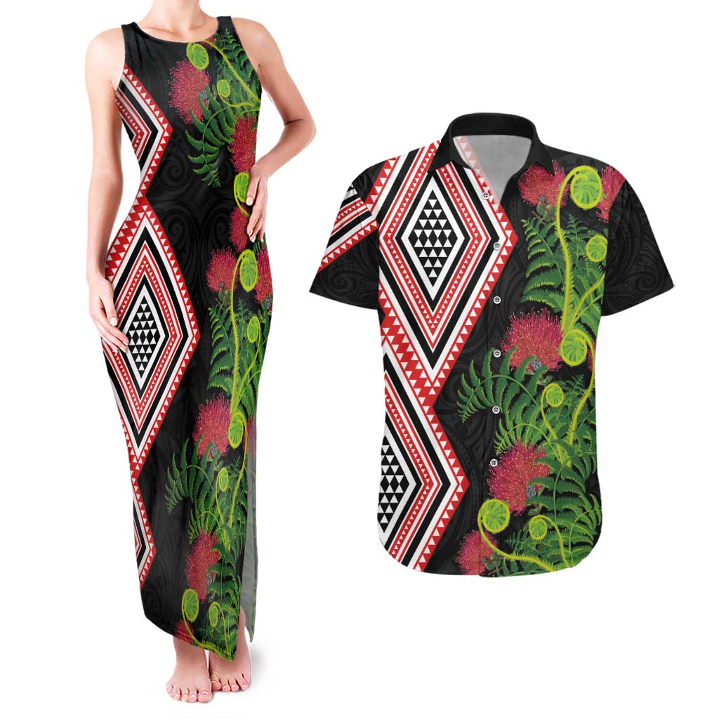 Aotearoa Tukutuku Motif Couples Matching Tank Maxi Dress and Hawaiian Shirt Pohutukawa and Fern Leaves LT03 Black - Polynesian Pride