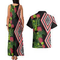 Aotearoa Tukutuku Motif Couples Matching Tank Maxi Dress and Hawaiian Shirt Pohutukawa and Fern Leaves LT03 - Polynesian Pride