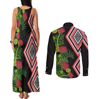 Aotearoa Tukutuku Motif Couples Matching Tank Maxi Dress and Long Sleeve Button Shirt Pohutukawa and Fern Leaves LT03 - Polynesian Pride