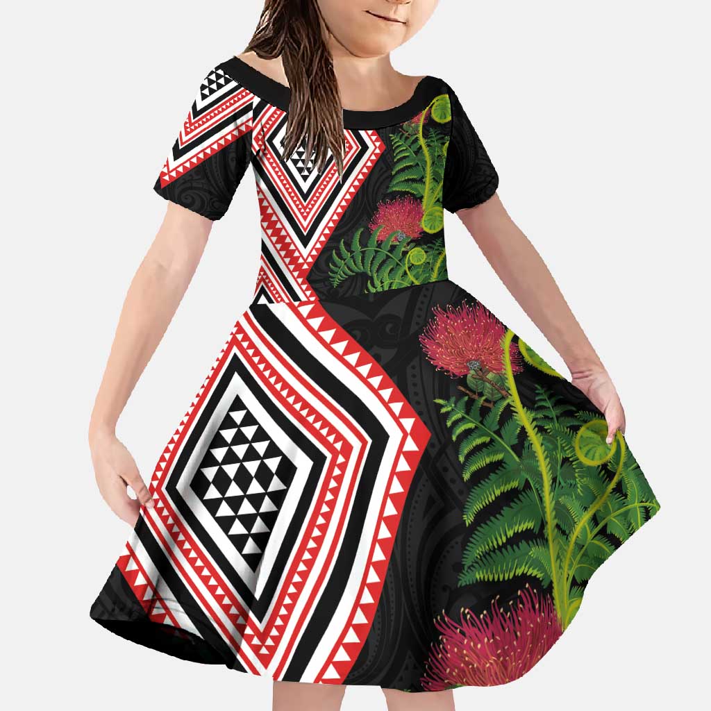 Aotearoa Tukutuku Motif Family Matching Long Sleeve Bodycon Dress and Hawaiian Shirt Pohutukawa and Fern Leaves LT03 Daughter's Dress Black - Polynesian Pride