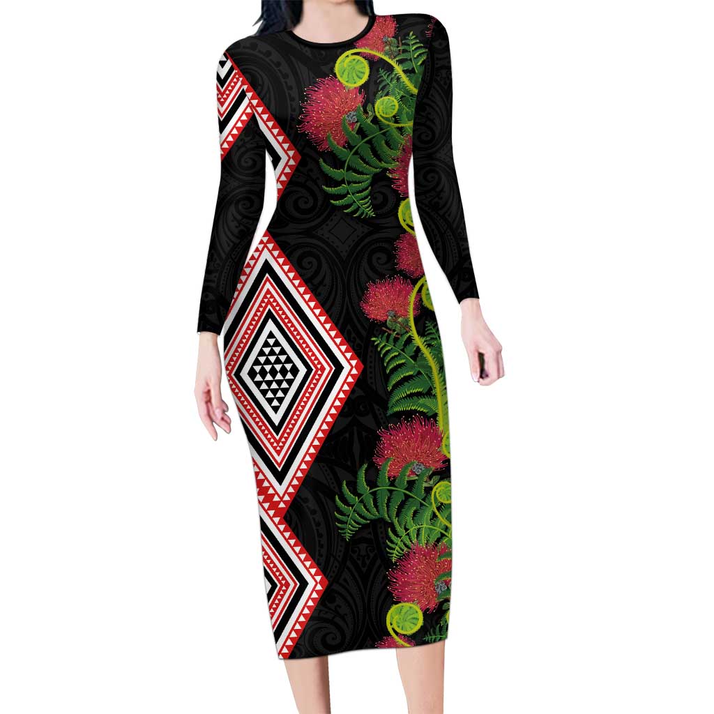 Aotearoa Tukutuku Motif Family Matching Long Sleeve Bodycon Dress and Hawaiian Shirt Pohutukawa and Fern Leaves LT03 Mom's Dress Black - Polynesian Pride