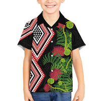 Aotearoa Tukutuku Motif Family Matching Long Sleeve Bodycon Dress and Hawaiian Shirt Pohutukawa and Fern Leaves LT03 Son's Shirt Black - Polynesian Pride