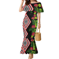 Aotearoa Tukutuku Motif Family Matching Mermaid Dress and Hawaiian Shirt Pohutukawa and Fern Leaves LT03 Mom's Dress Black - Polynesian Pride
