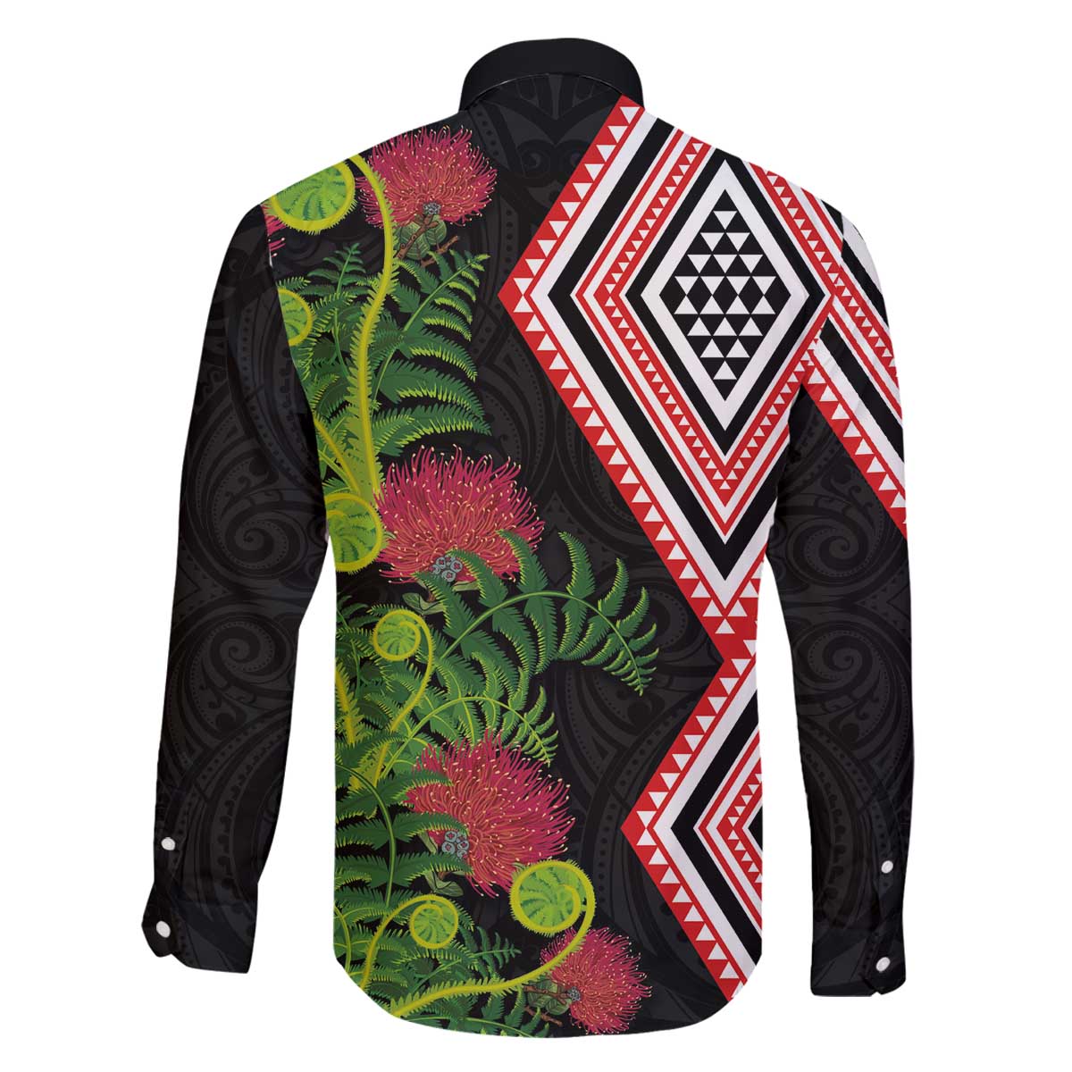 Aotearoa Tukutuku Motif Family Matching Off The Shoulder Long Sleeve Dress and Hawaiian Shirt Pohutukawa and Fern Leaves