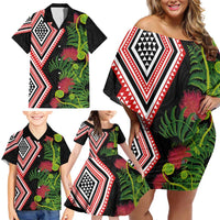 Aotearoa Tukutuku Motif Family Matching Off Shoulder Short Dress and Hawaiian Shirt Pohutukawa and Fern Leaves LT03 - Polynesian Pride