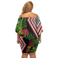 Aotearoa Tukutuku Motif Family Matching Off Shoulder Short Dress and Hawaiian Shirt Pohutukawa and Fern Leaves LT03 - Polynesian Pride