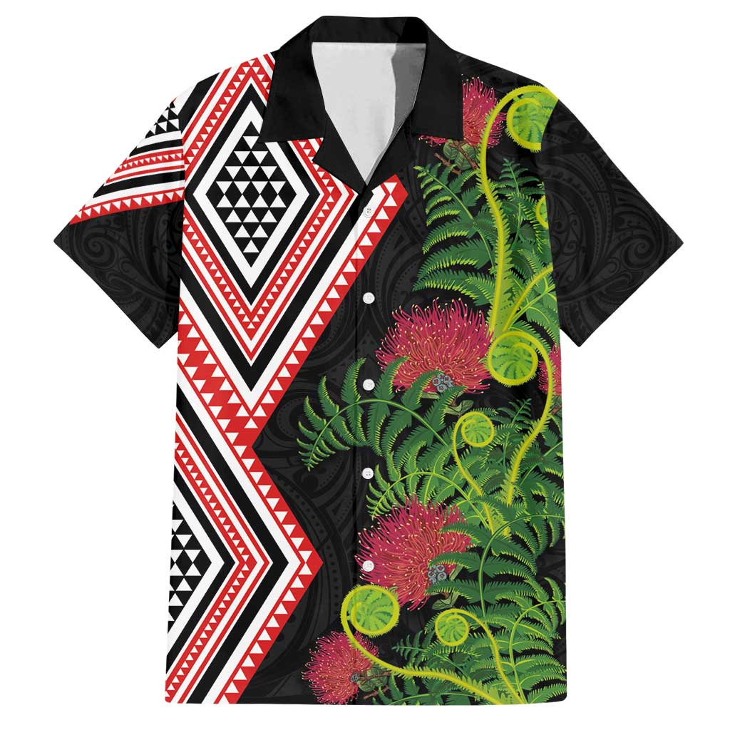 Aotearoa Tukutuku Motif Family Matching Puletasi and Hawaiian Shirt Pohutukawa and Fern Leaves LT03 Dad's Shirt - Short Sleeve Black - Polynesian Pride