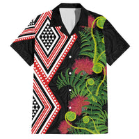 Aotearoa Tukutuku Motif Family Matching Puletasi and Hawaiian Shirt Pohutukawa and Fern Leaves LT03 Dad's Shirt - Short Sleeve Black - Polynesian Pride