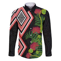 Aotearoa Tukutuku Motif Family Matching Puletasi and Hawaiian Shirt Pohutukawa and Fern Leaves LT03 Dad's Shirt - Long Sleeve Black - Polynesian Pride