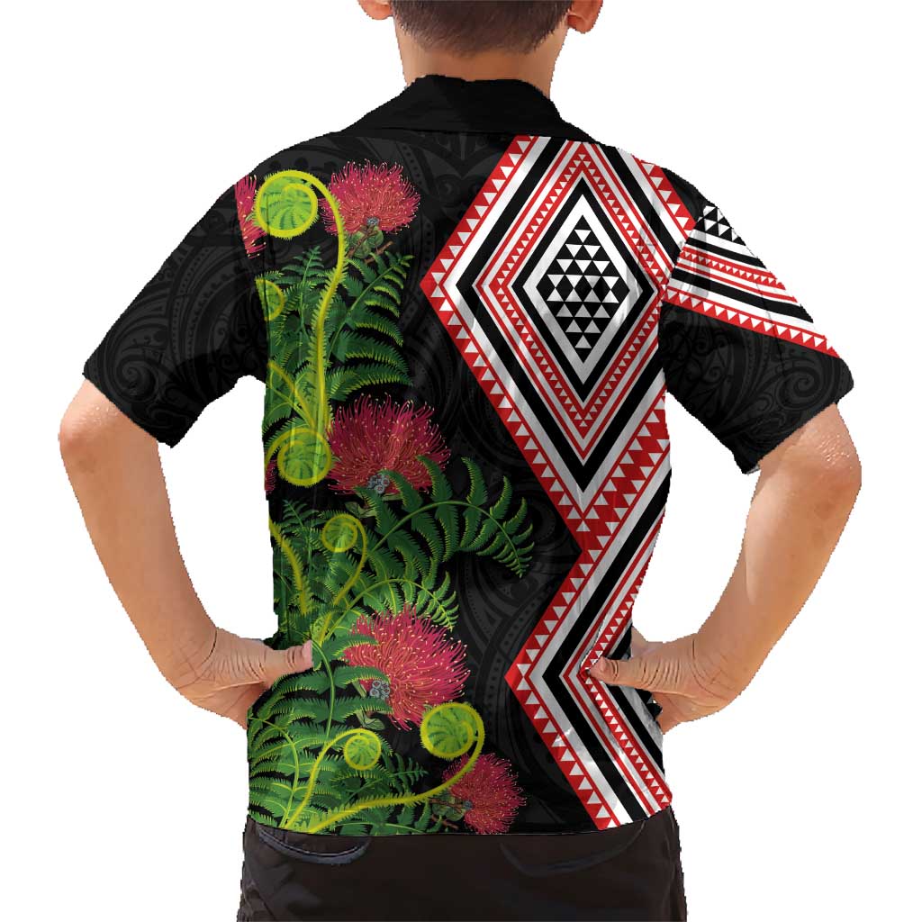 Aotearoa Tukutuku Motif Family Matching Short Sleeve Bodycon Dress and Hawaiian Shirt Pohutukawa and Fern Leaves LT03 - Polynesian Pride