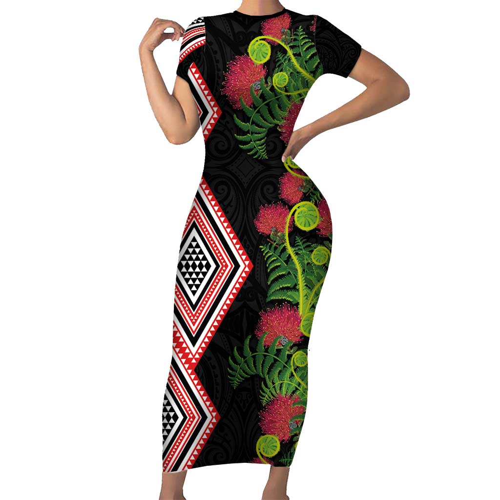 Aotearoa Tukutuku Motif Family Matching Short Sleeve Bodycon Dress and Hawaiian Shirt Pohutukawa and Fern Leaves LT03 Mom's Dress Black - Polynesian Pride
