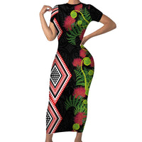 Aotearoa Tukutuku Motif Family Matching Short Sleeve Bodycon Dress and Hawaiian Shirt Pohutukawa and Fern Leaves LT03 Mom's Dress Black - Polynesian Pride