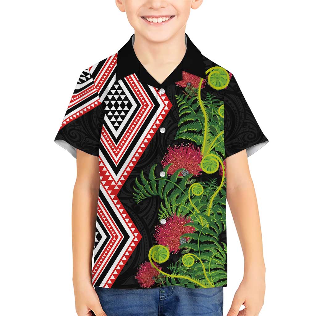 Aotearoa Tukutuku Motif Family Matching Short Sleeve Bodycon Dress and Hawaiian Shirt Pohutukawa and Fern Leaves LT03 Son's Shirt Black - Polynesian Pride