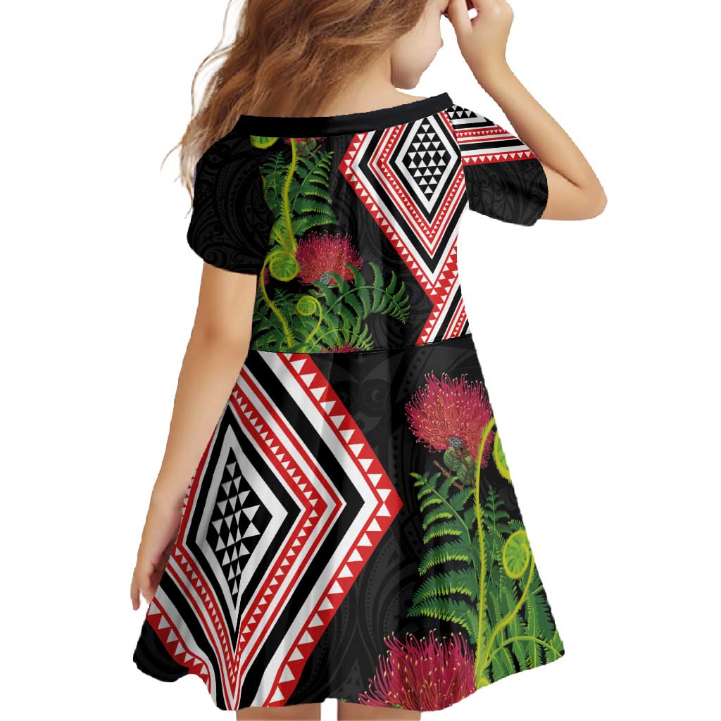 Aotearoa Tukutuku Motif Family Matching Summer Maxi Dress and Hawaiian Shirt Pohutukawa and Fern Leaves LT03 - Polynesian Pride