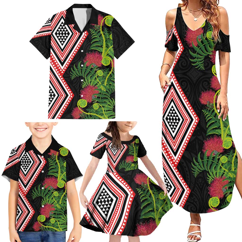 Aotearoa Tukutuku Motif Family Matching Summer Maxi Dress and Hawaiian Shirt Pohutukawa and Fern Leaves LT03 - Polynesian Pride