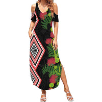 Aotearoa Tukutuku Motif Family Matching Summer Maxi Dress and Hawaiian Shirt Pohutukawa and Fern Leaves LT03 Mom's Dress Black - Polynesian Pride