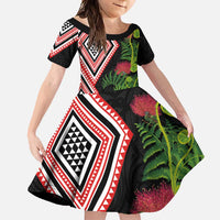 Aotearoa Tukutuku Motif Family Matching Tank Maxi Dress and Hawaiian Shirt Pohutukawa and Fern Leaves LT03 Daughter's Dress Black - Polynesian Pride