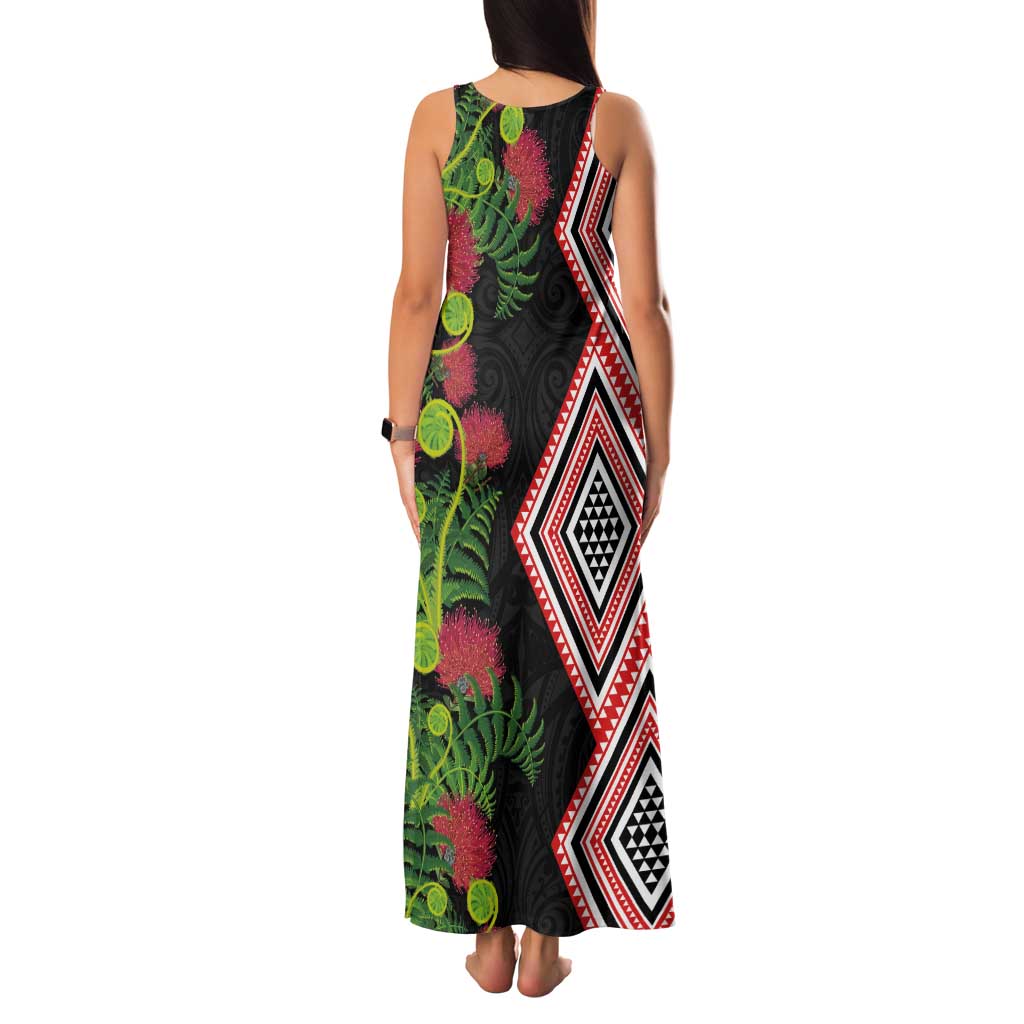 Aotearoa Tukutuku Motif Family Matching Tank Maxi Dress and Hawaiian Shirt Pohutukawa and Fern Leaves LT03 - Polynesian Pride