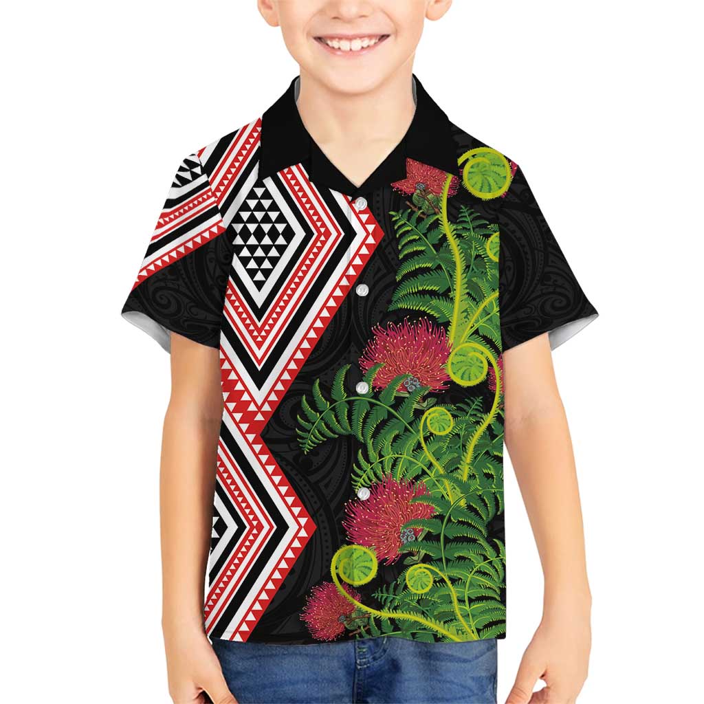 Aotearoa Tukutuku Motif Family Matching Tank Maxi Dress and Hawaiian Shirt Pohutukawa and Fern Leaves LT03 Son's Shirt Black - Polynesian Pride