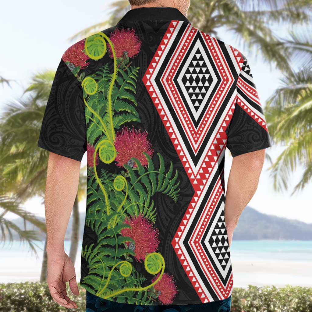 Aotearoa Tukutuku Motif Hawaiian Shirt Pohutukawa and Fern Leaves