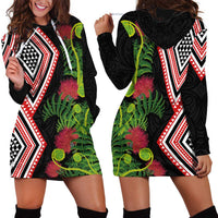 Aotearoa Tukutuku Motif Hoodie Dress Pohutukawa and Fern Leaves