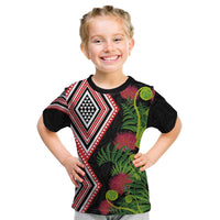 Aotearoa Tukutuku Motif Kid T Shirt Pohutukawa and Fern Leaves LT03 Black - Polynesian Pride