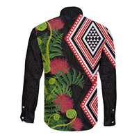 Aotearoa Tukutuku Motif Long Sleeve Button Shirt Pohutukawa and Fern Leaves LT03 - Polynesian Pride