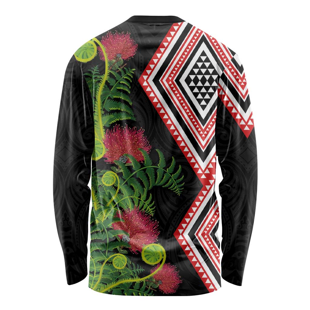 Aotearoa Tukutuku Motif Long Sleeve Shirt Pohutukawa and Fern Leaves LT03 - Polynesian Pride