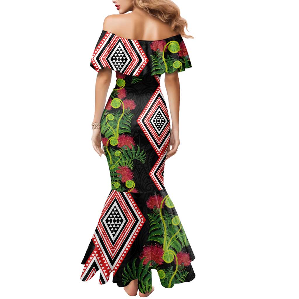 Aotearoa Tukutuku Motif Mermaid Dress Pohutukawa and Fern Leaves
